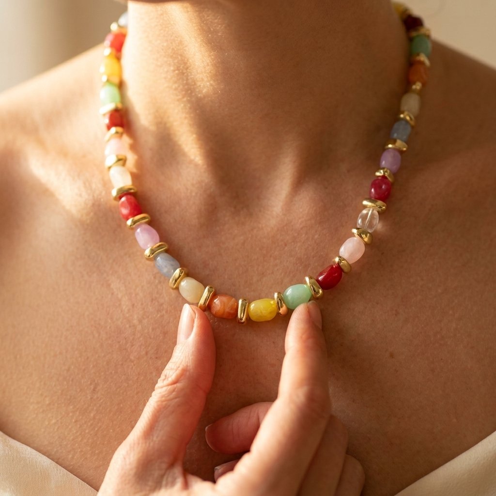 Gold-Tone Pebble Bead Necklace with Mixed Colour Stones