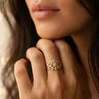 Gold-Tone Floral Filigree Cocktail Ring with Clear Stones