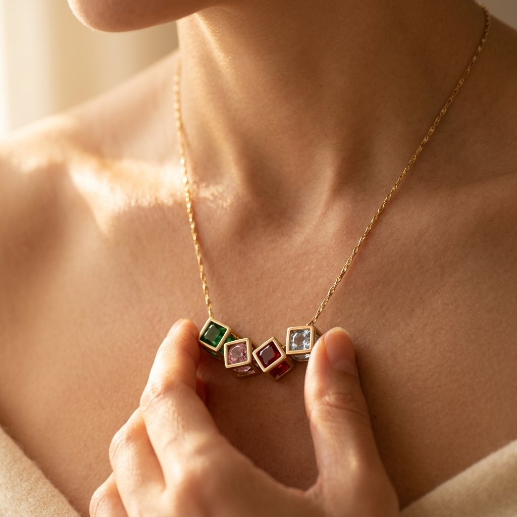 Gold-Tone Four Square Colour Stone Pendant Necklace