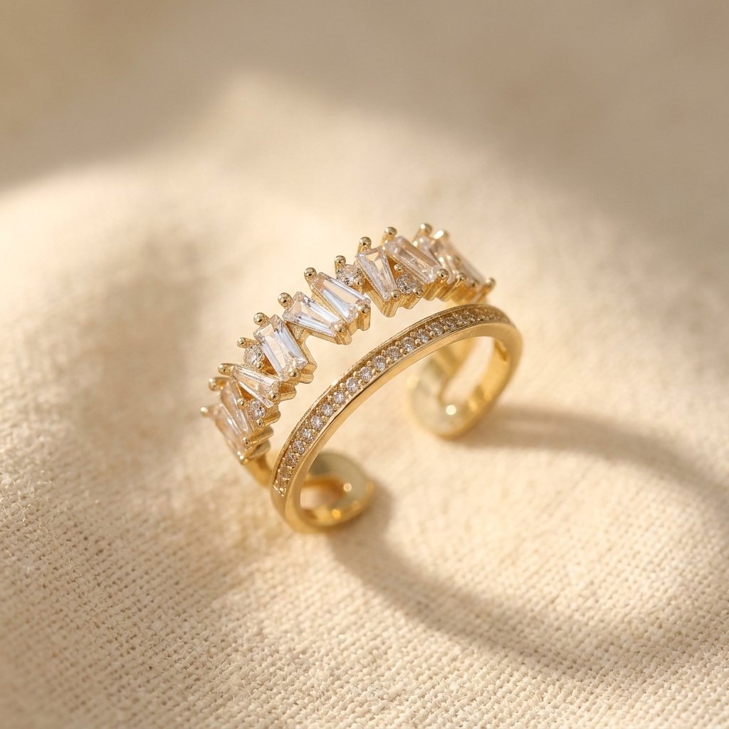 Gold-Tone Open Cuff Ring with Staggered Baguette Stones