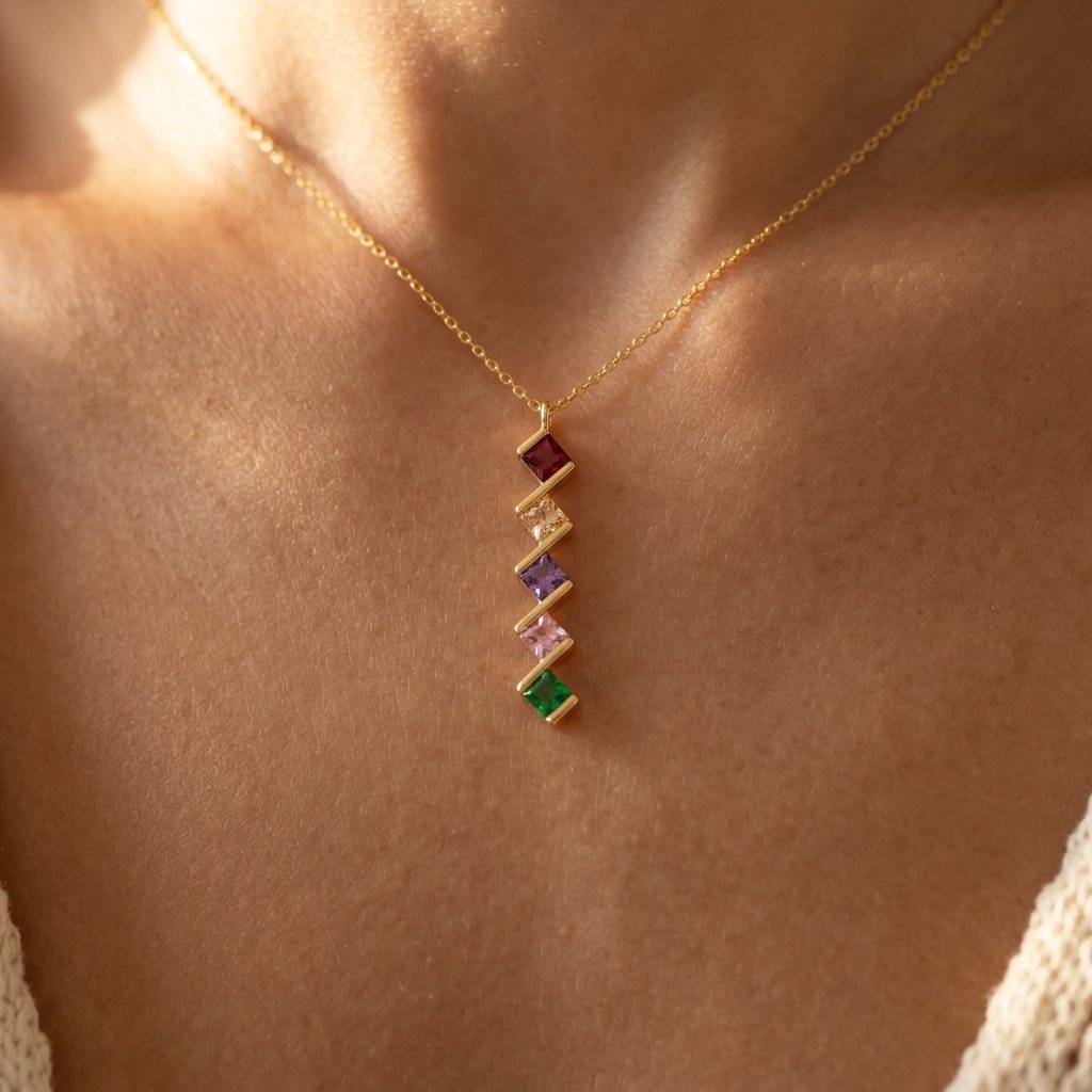 Gold-Tone Zigzag Bar Pendant with Square Colour Stones