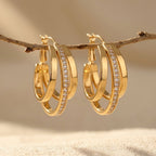 Gold-Tone Triple Hoop Earrings with Centre Pavé Band