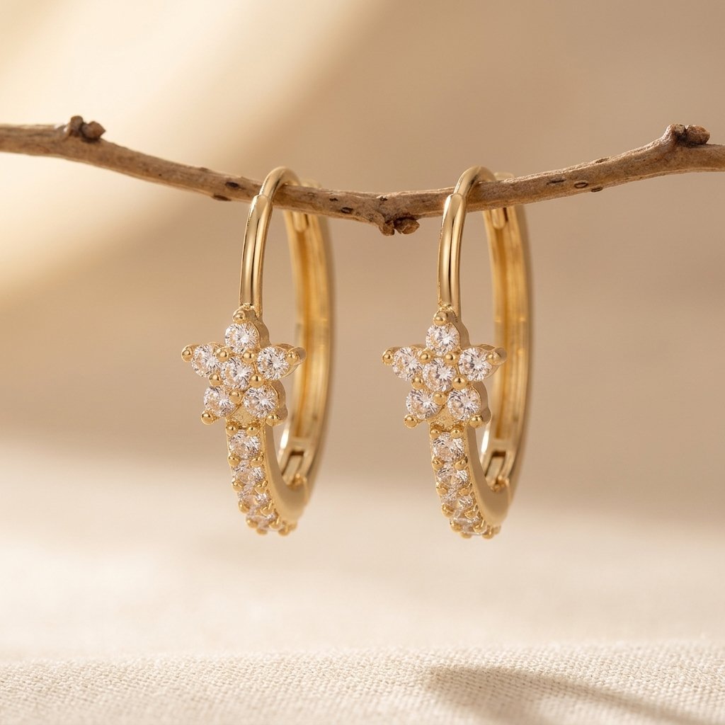 Gold-Tone Flower Charm Huggie Hoops with Clear Stones