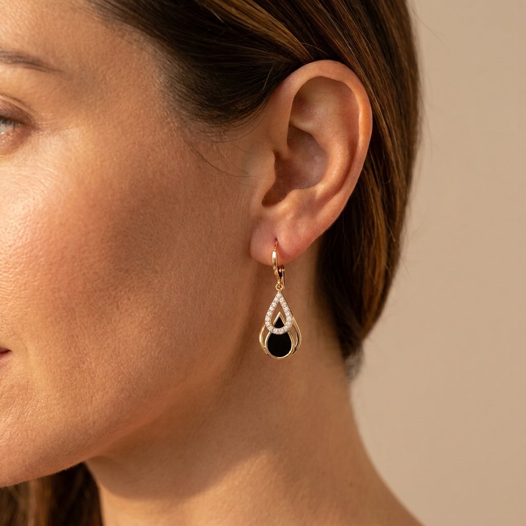 Gold-Tone Black Teardrop Earrings with Clear Stone Halo