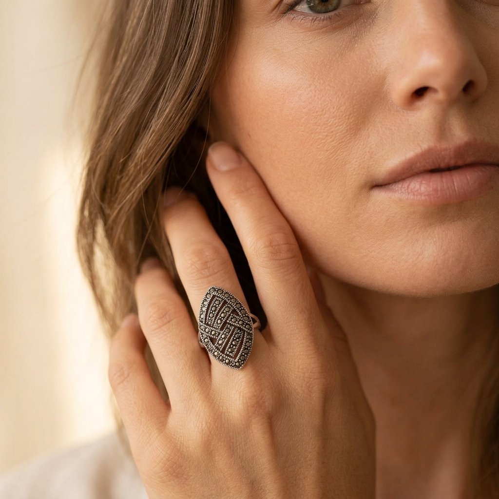 Art Deco Marquise Shield Ring with Pavé Dark Stones