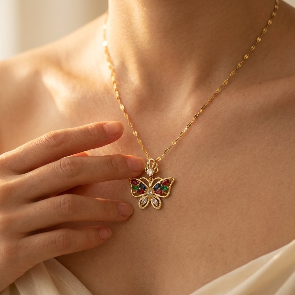 Rainbow Stone Butterfly Pendant Necklace with Openwork Wings