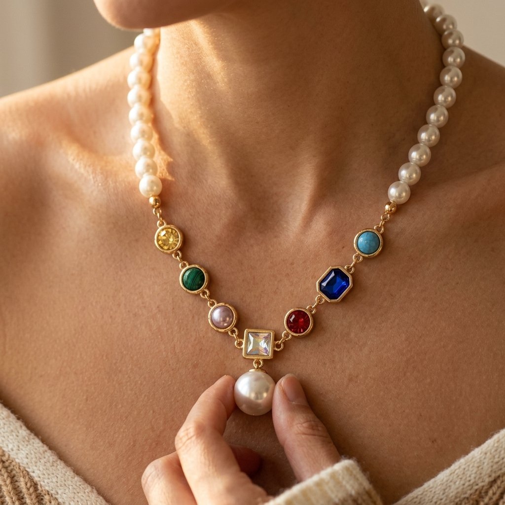 Gold-Tone Pearl Strand Necklace with Colour Stone Drop