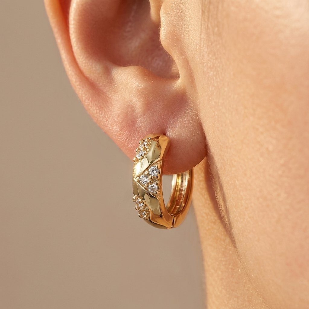 Gold-Tone Textured Huggie Hoops with Clear Stone Clusters