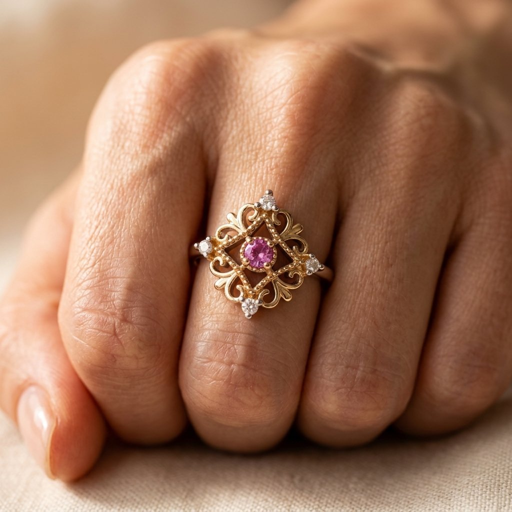 Two-Tone Filigree Ring with Pink Centre Stone