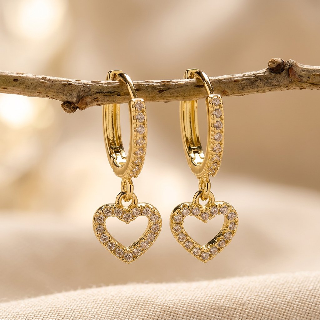Gold-Tone Pavé Huggie Hoops with Open Heart Charms