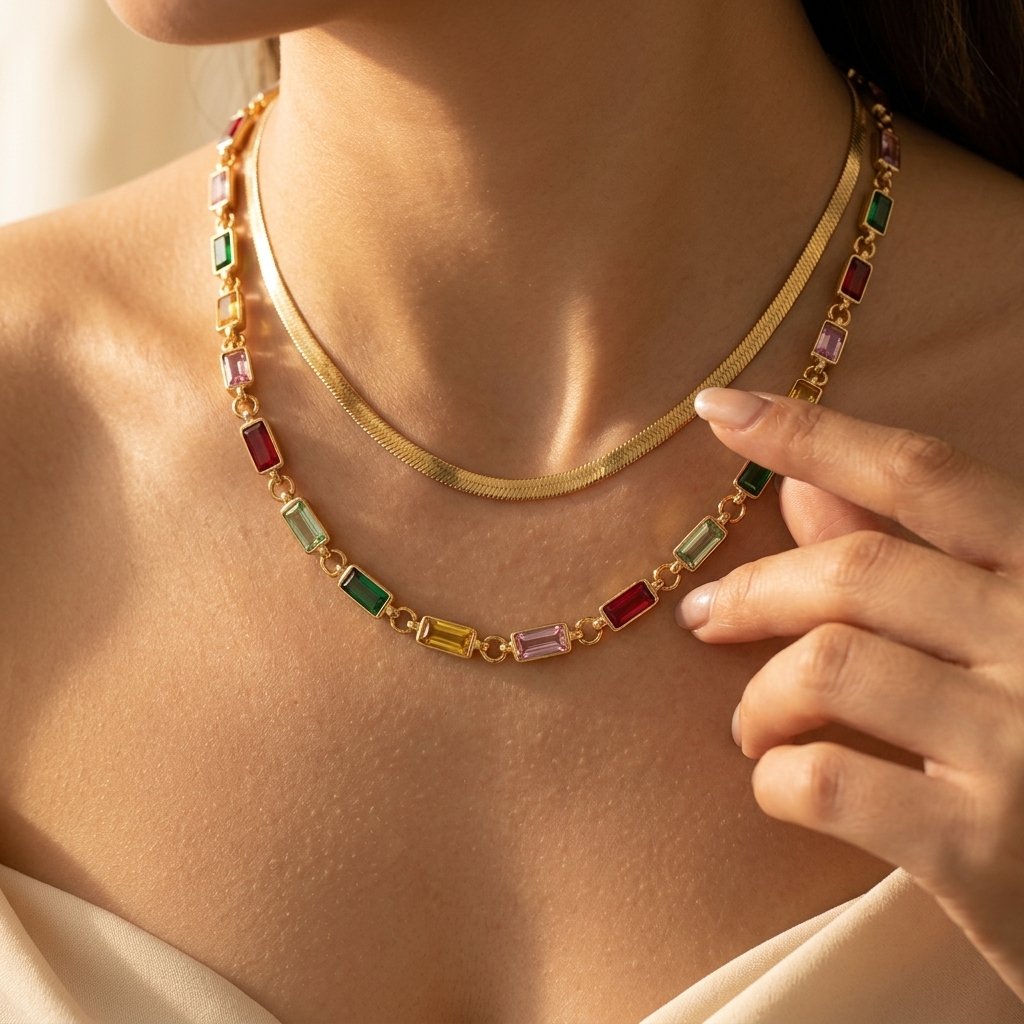 Gold-Tone Layered Necklace with Rectangular Colour Stones