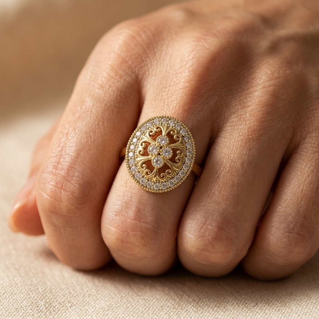 Gold-Tone Oval Filigree Halo Cocktail Ring