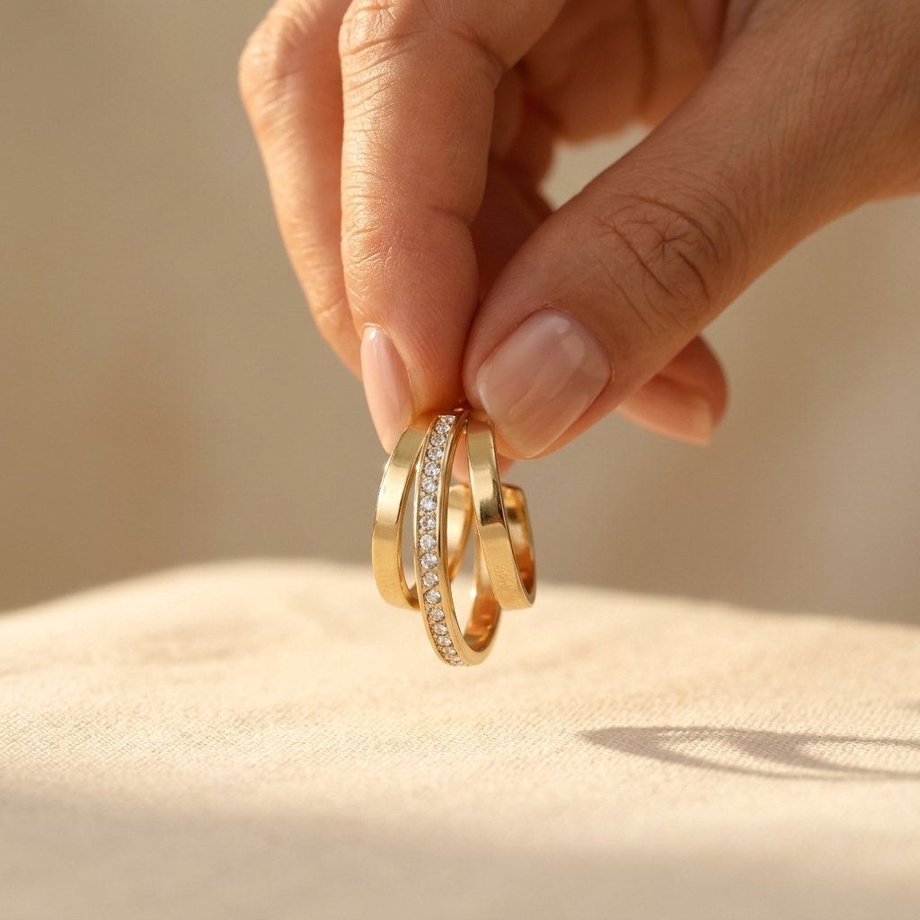 Gold-Tone Triple Hoop Earrings with Centre Pavé Band