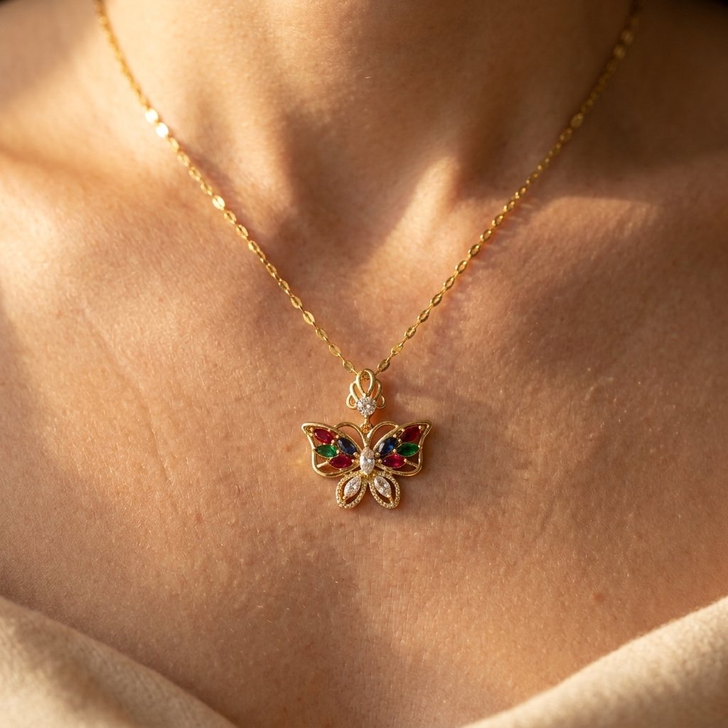 Rainbow Stone Butterfly Pendant Necklace with Openwork Wings