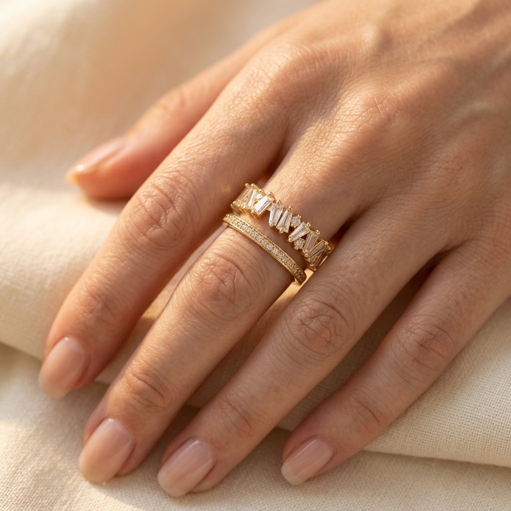 Gold-Tone Open Cuff Ring with Staggered Baguette Stones