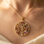 Gold-Tone Tree of Life Pendant with Rainbow Stones