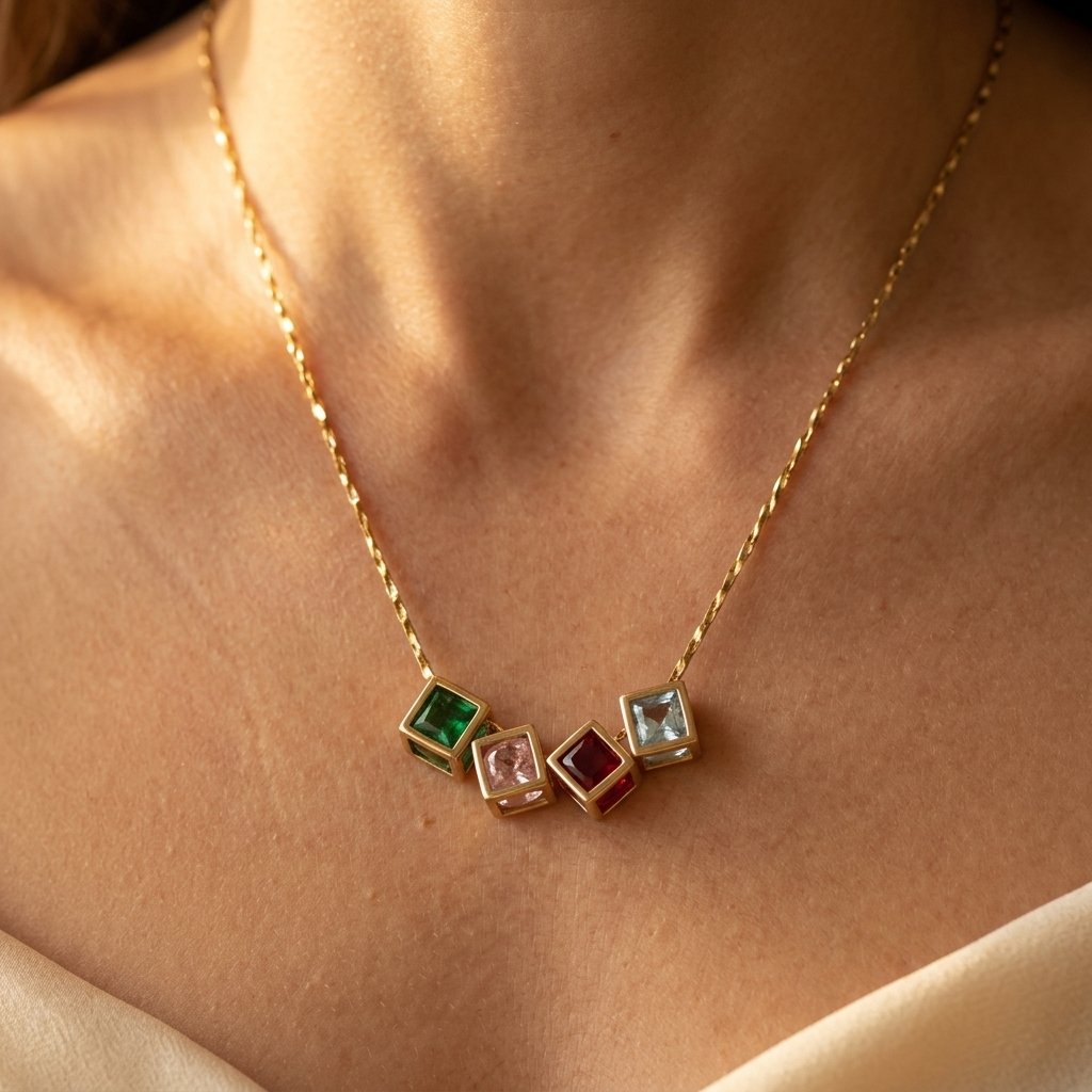 Gold-Tone Four Square Colour Stone Pendant Necklace