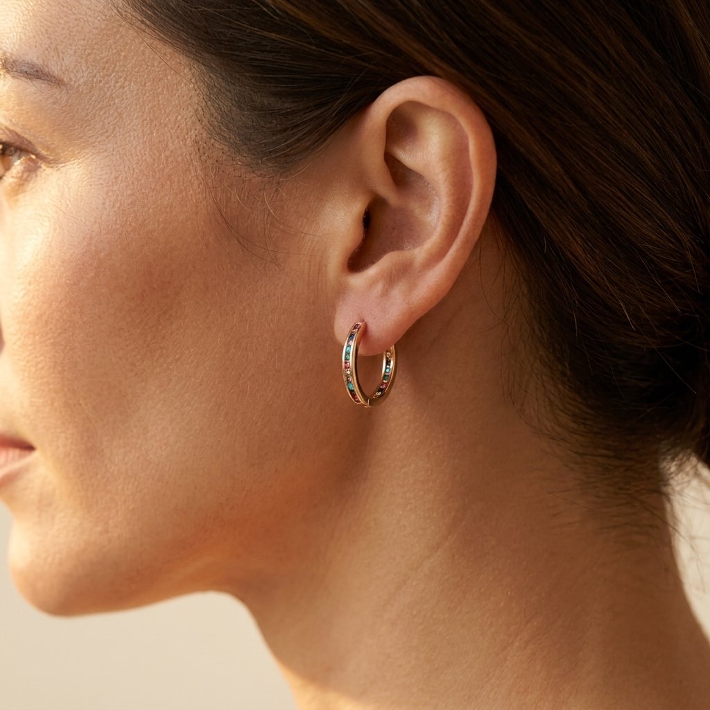 Rainbow Baguette Stone Hoops in Gold-Tone
