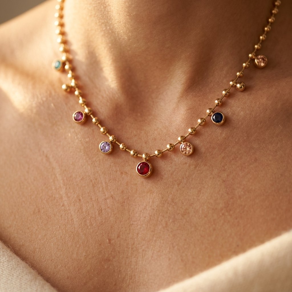 Gold-Tone Ball Chain Necklace with Round Color Stones