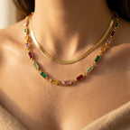 Gold-Tone Layered Necklace with Rectangular Colour Stones