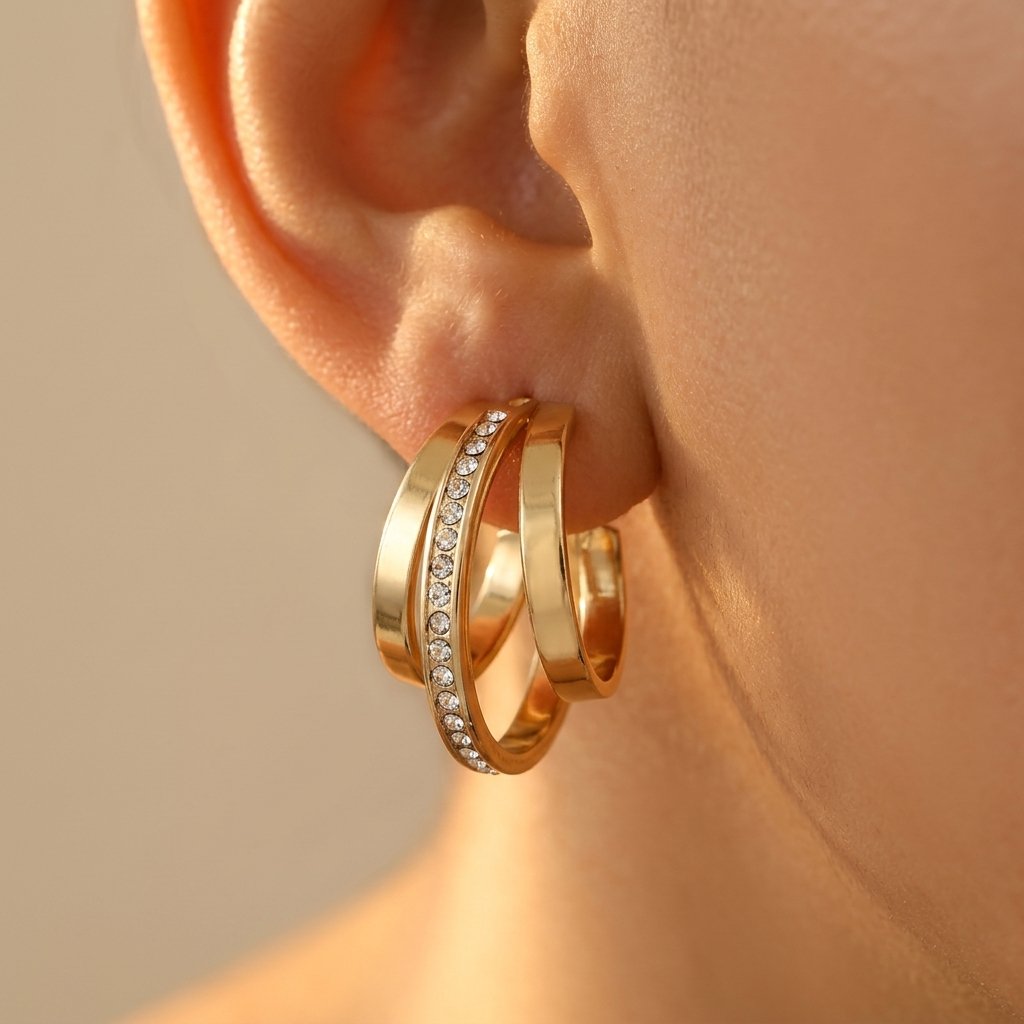 Gold-Tone Triple Hoop Earrings with Centre Pavé Band