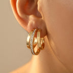 Gold-Tone Triple Hoop Earrings with Centre Pavé Band