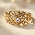 Gold-Tone Floral Filigree Cocktail Ring with Clear Stones