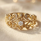 Gold-Tone Floral Filigree Cocktail Ring with Clear Stones