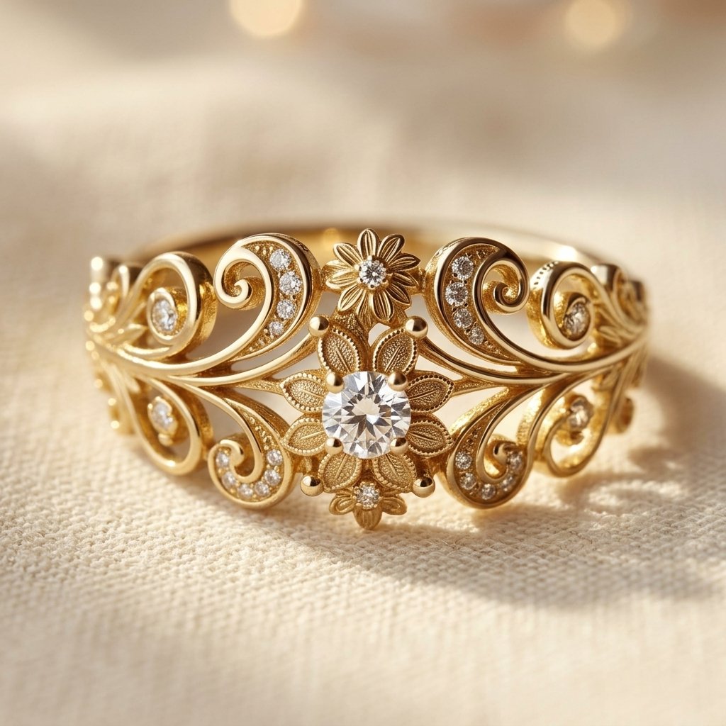 Gold-Tone Floral Filigree Cocktail Ring with Clear Stones