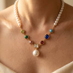 Gold-Tone Pearl Strand Necklace with Colour Stone Drop