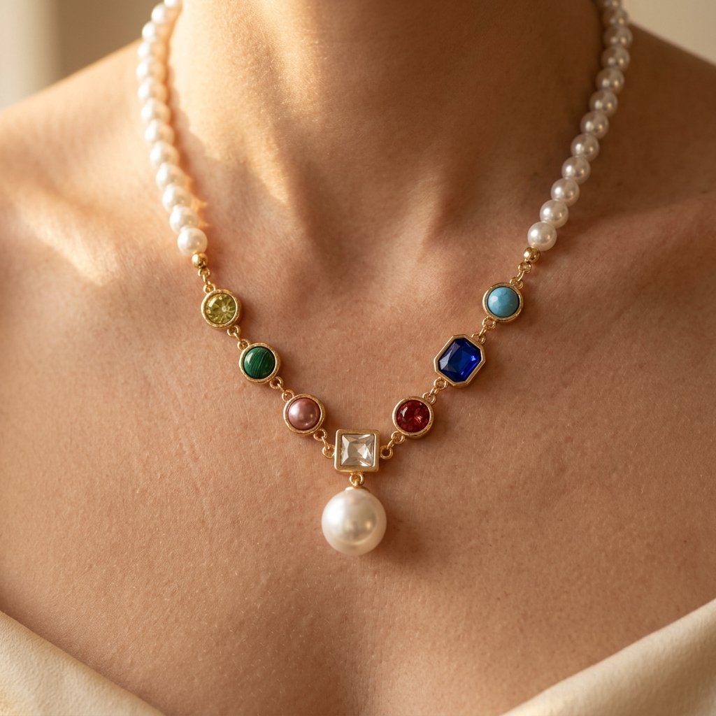 Gold-Tone Pearl Strand Necklace with Colour Stone Drop