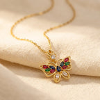 Rainbow Stone Butterfly Pendant Necklace with Openwork Wings