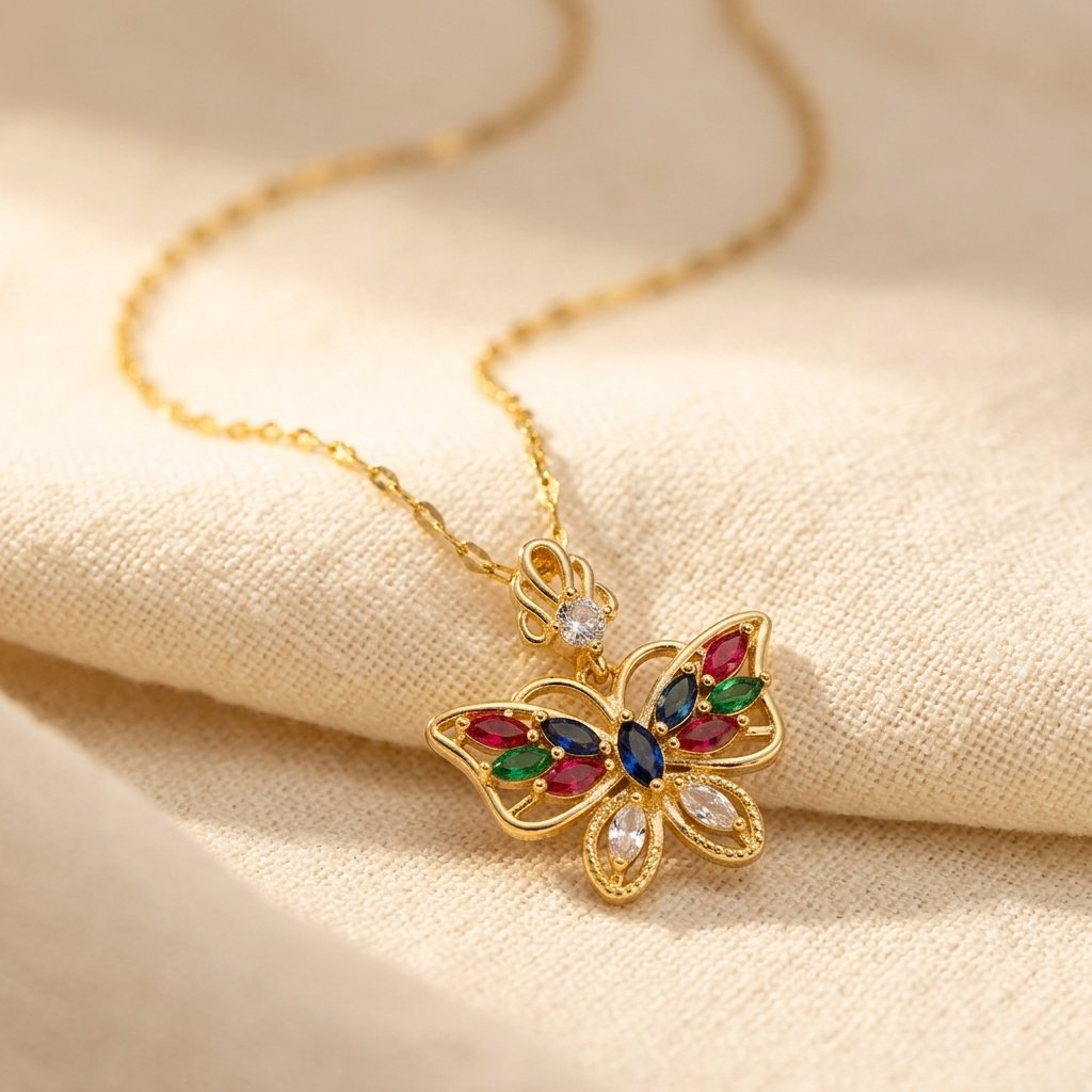 Rainbow Stone Butterfly Pendant Necklace with Openwork Wings