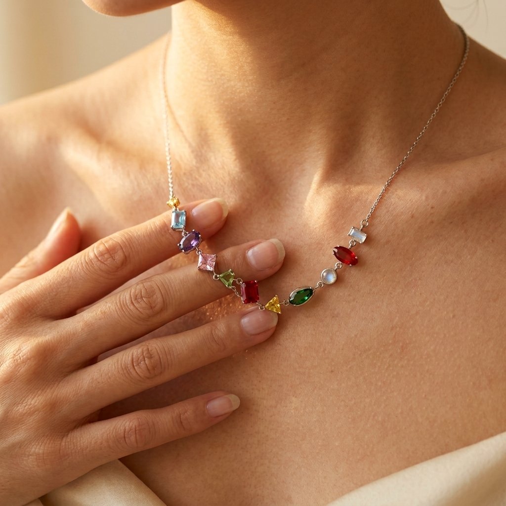 Silver-Tone Rainbow Mixed-Shape Stone Arc Necklace