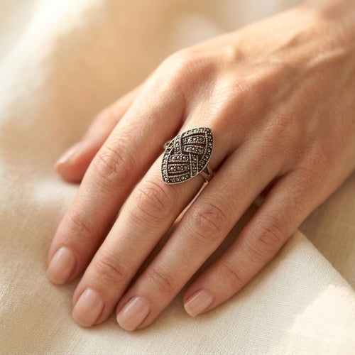 Art Deco Marquise Shield Ring with Pavé Dark Stones