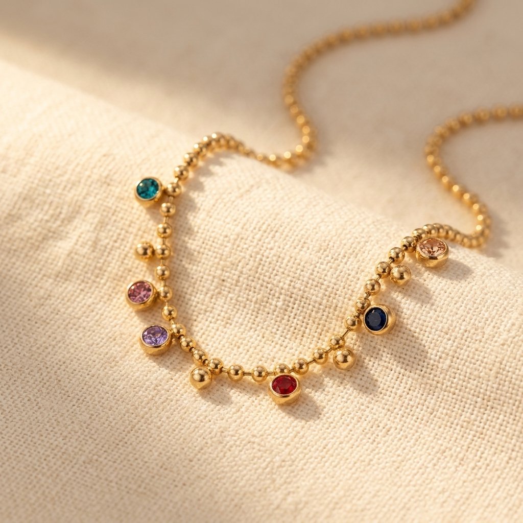 Gold-Tone Ball Chain Necklace with Round Color Stones