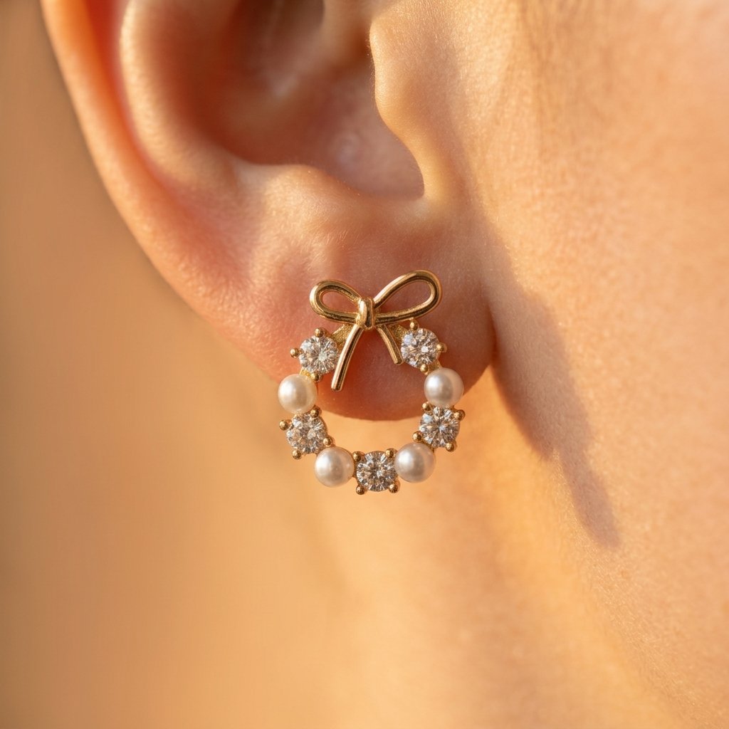 Bow Wreath Earrings with Pearls and Clear Stones