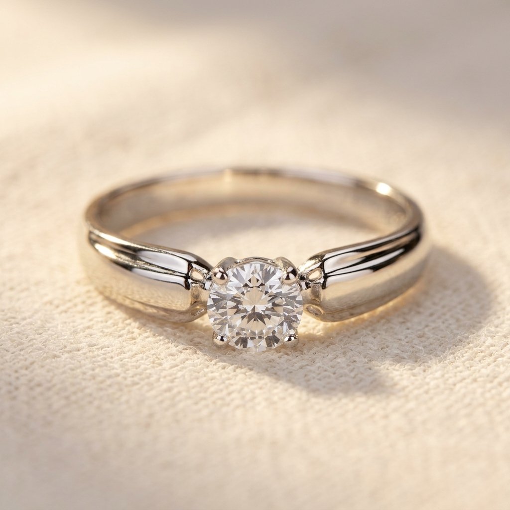 Silver-Tone Classic Round Solitaire Stone Ring