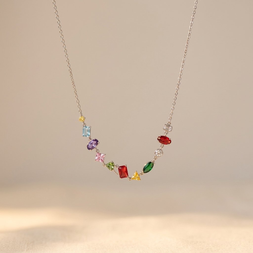 Silver-Tone Rainbow Mixed-Shape Stone Arc Necklace
