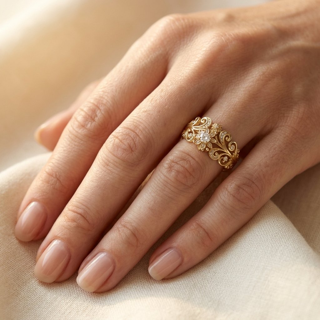 Gold-Tone Floral Filigree Cocktail Ring with Clear Stones