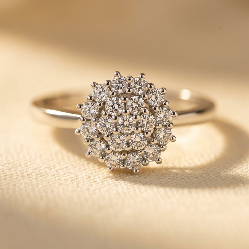 Silver-Tone Sunburst Halo Cluster Ring with Clear Stones