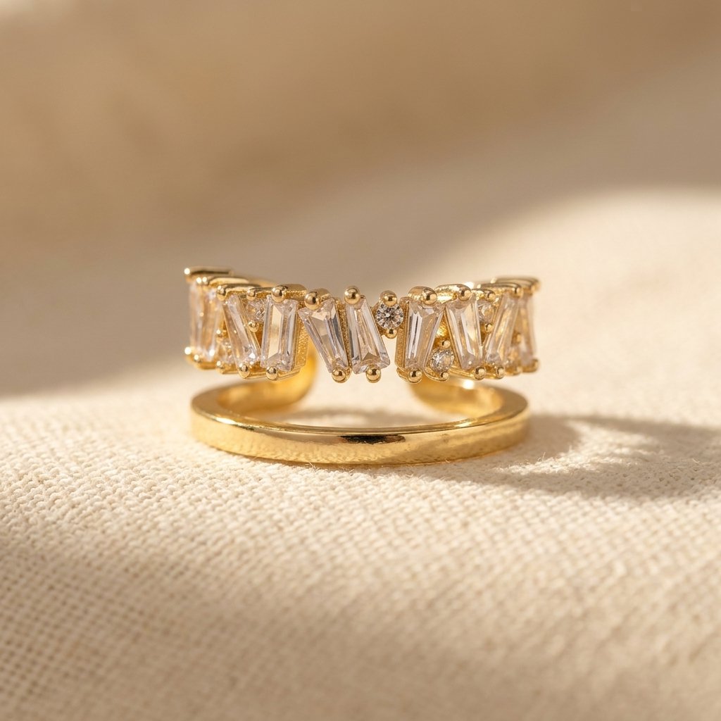 Gold-Tone Open Cuff Ring with Staggered Baguette Stones