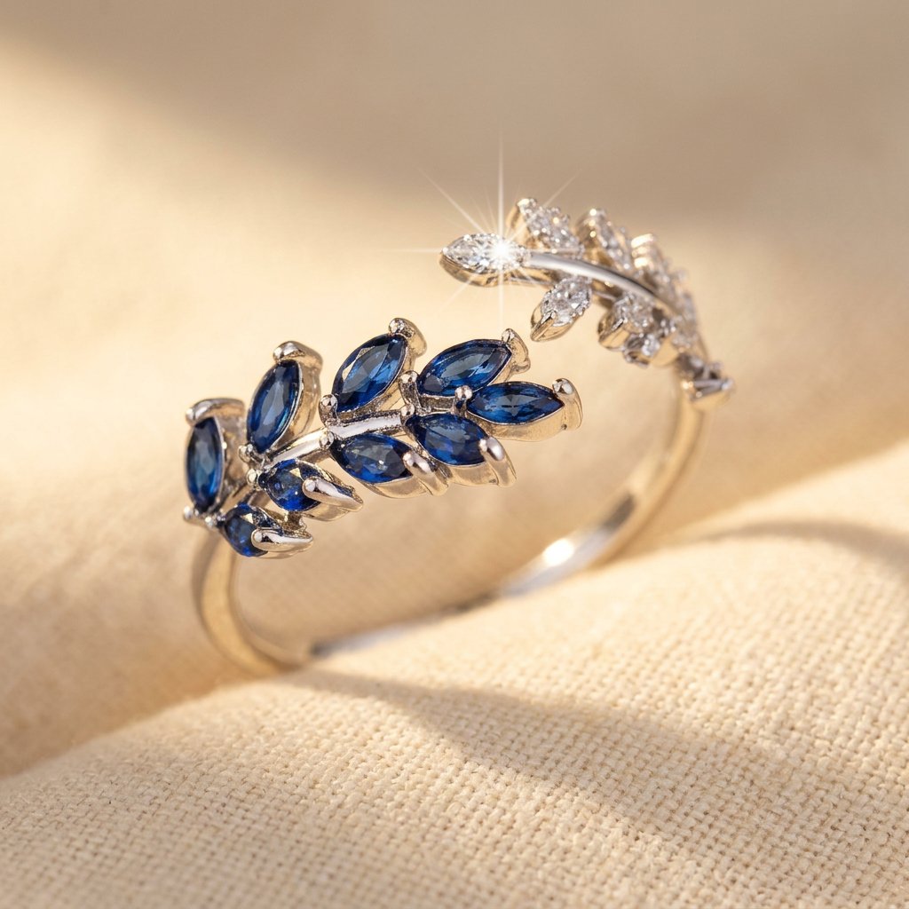 Silver-Tone Bypass Ring with Blue Marquise Leaf Spray