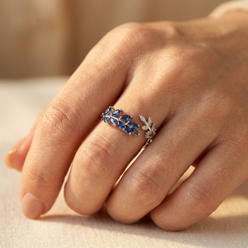 Silver-Tone Bypass Ring with Blue Marquise Leaf Spray