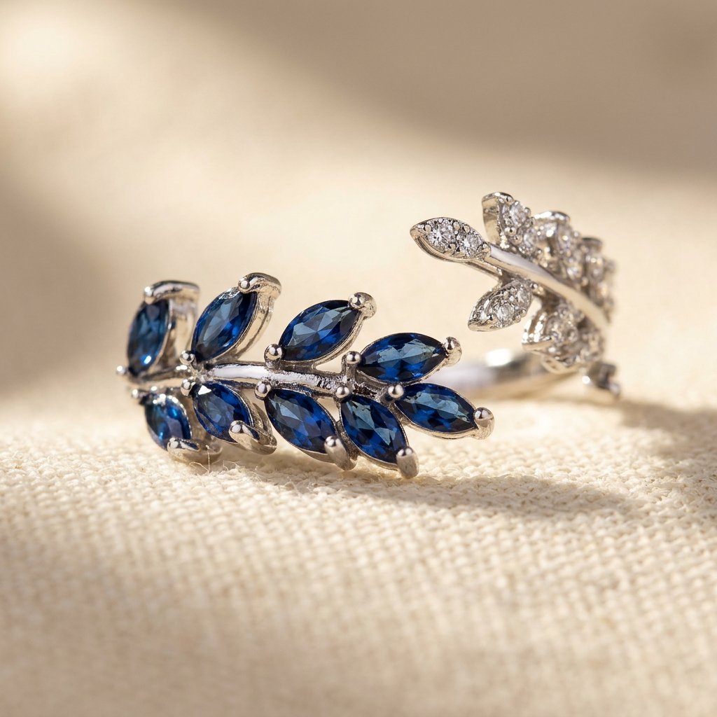 Silver-Tone Bypass Ring with Blue Marquise Leaf Spray