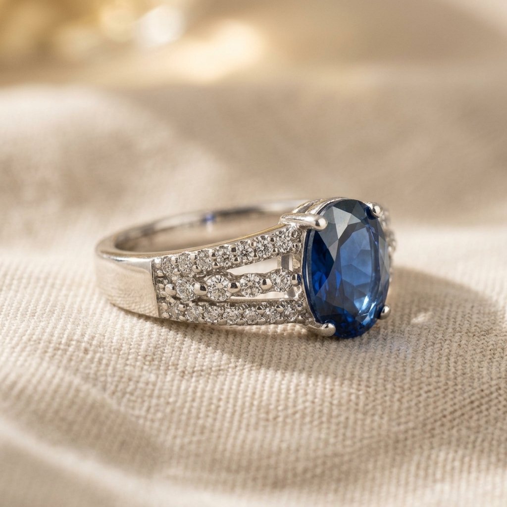 Silver-Tone Oval Blue Stone Ring with Triple Pavé Split Shank