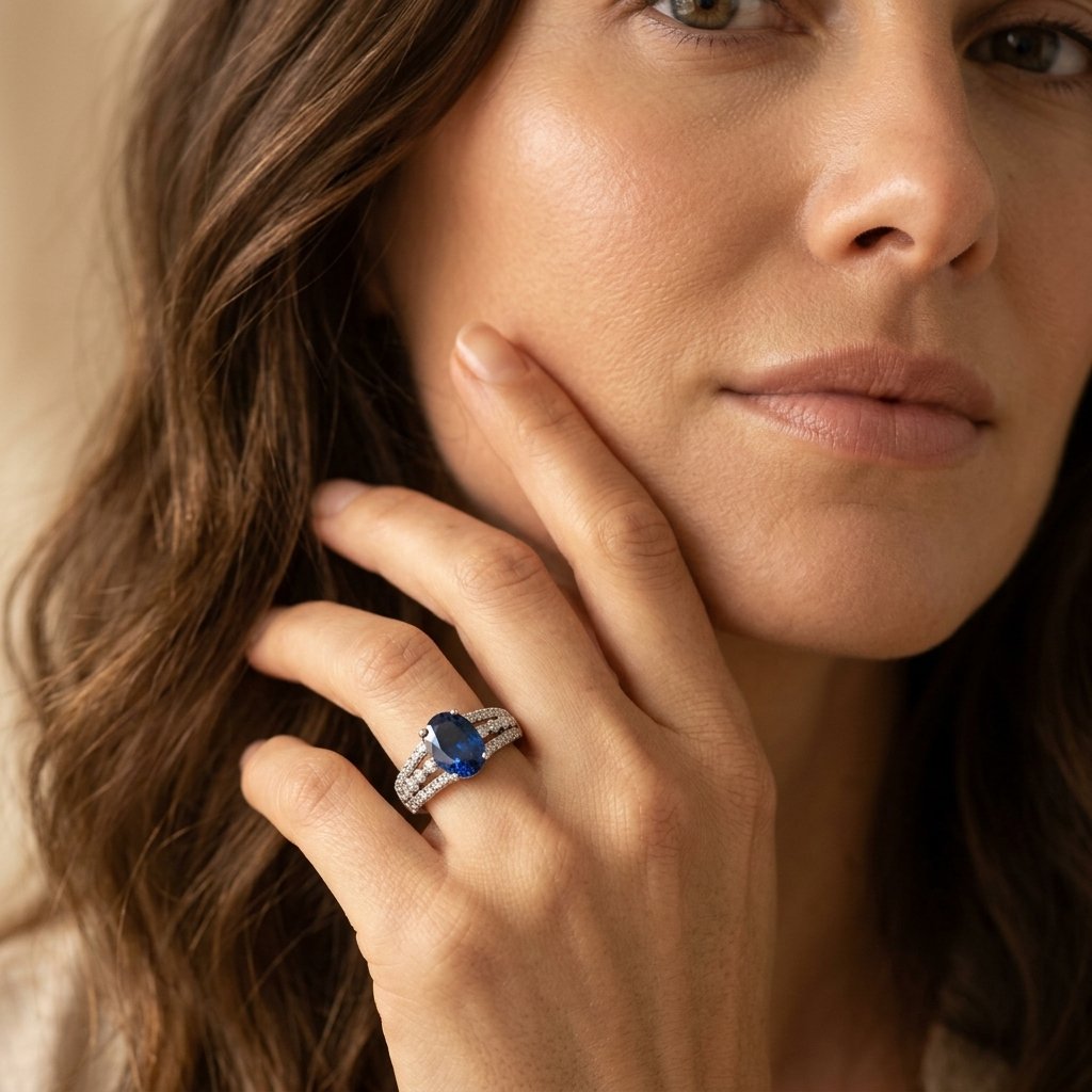 Silver-Tone Oval Blue Stone Ring with Triple Pavé Split Shank