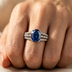 Silver-Tone Oval Blue Stone Ring with Triple Pavé Split Shank