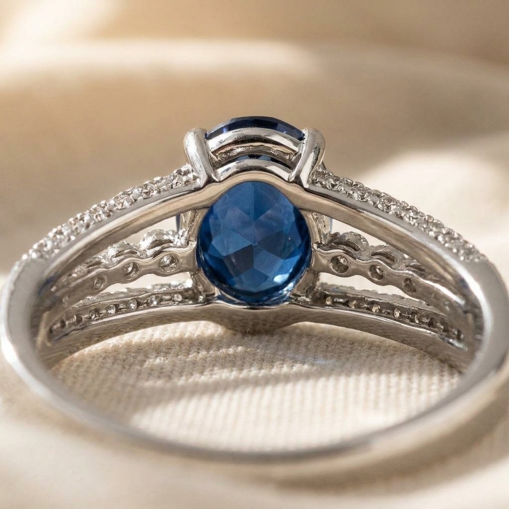 Silver-Tone Oval Blue Stone Ring with Triple Pavé Split Shank