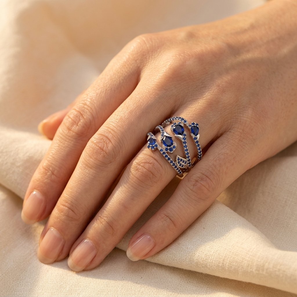 Silver-Tone Wide Crossover Ring with Blue Pavé and Pear Stones